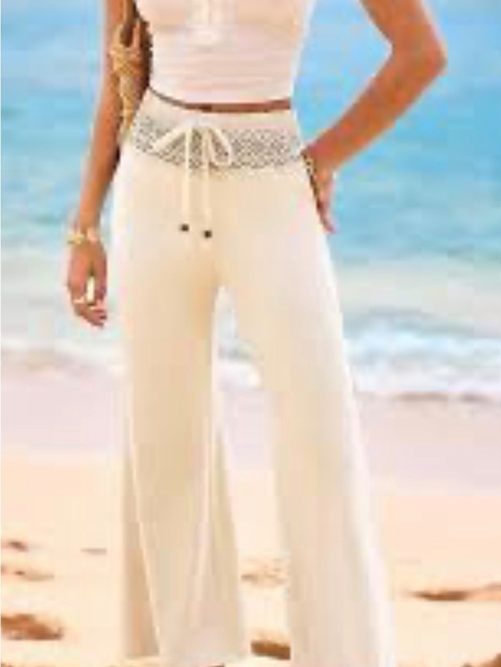Beach-Ready Cream Wide Leg Pants with Crochet Drawstring Waist